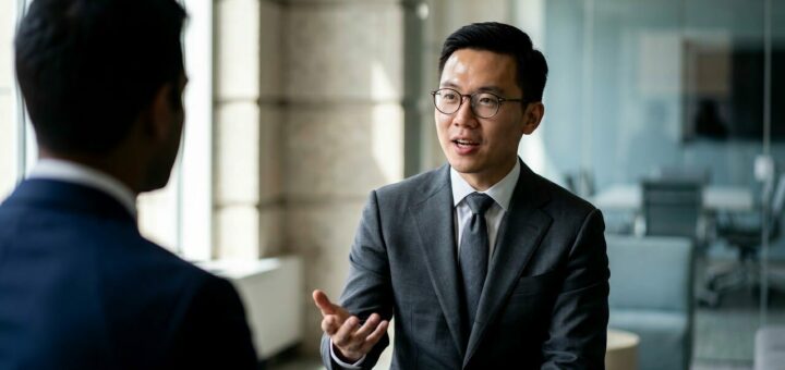 young man, business suit, glasses, discussion, gesturing, office, communication, man in suit, speaking, professional, business, manager, indoor, formal, meeting, talking person, concentration, asian features, young professional, work conversation, work environment