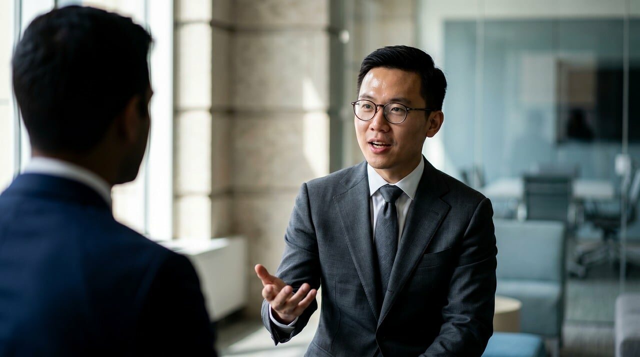 young man, business suit, glasses, discussion, gesturing, office, communication, man in suit, speaking, professional, business, manager, indoor, formal, meeting, talking person, concentration, asian features, young professional, work conversation, work environment